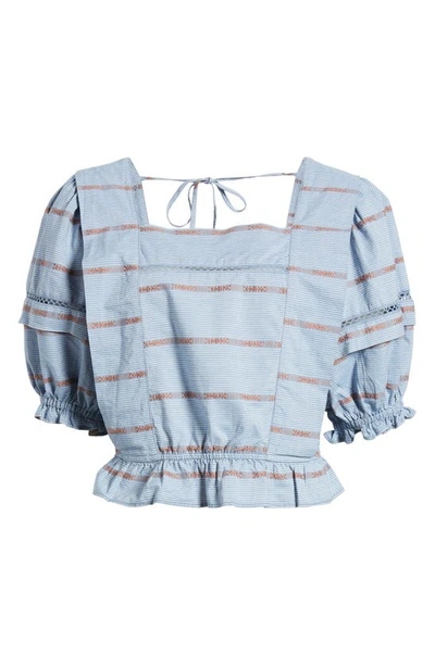 Shop Treasure & Bond Embroidered Eyelet Puff Sleeve Top In Blue Cottage Stripe