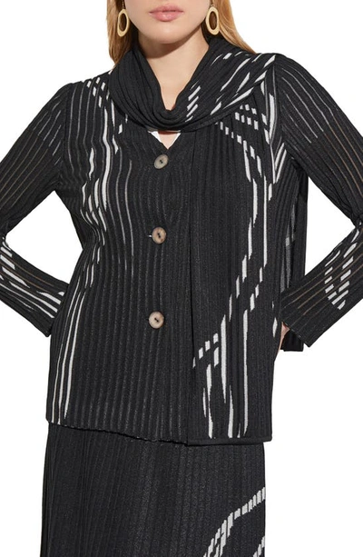 Shop Misook Rib Abstract Stitch Jacket With Removable Scarf In Black/new Ivory
