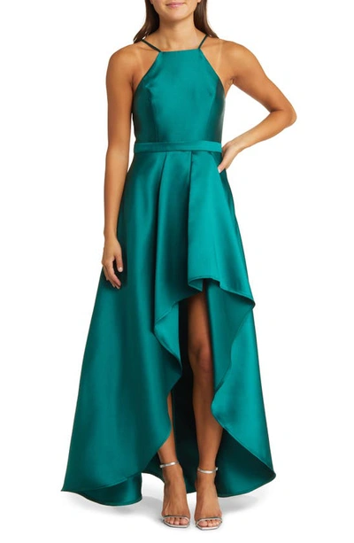 Shop Lulus Broadway Show Satin High-low Gown In Emerald Green