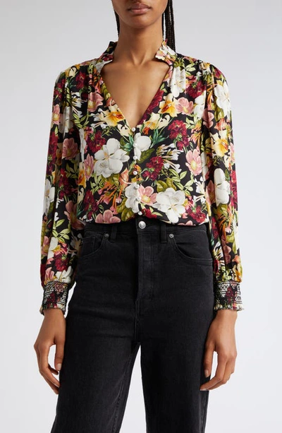 Shop Alice And Olivia Reilly Floral Long Sleeve Blouse In Juniper Floral Black