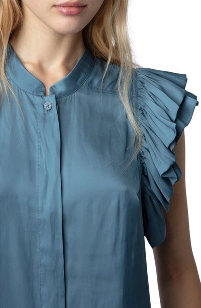 Shop Zadig & Voltaire Tiza Ruffle Satin Button-up Blouse In Bluestone