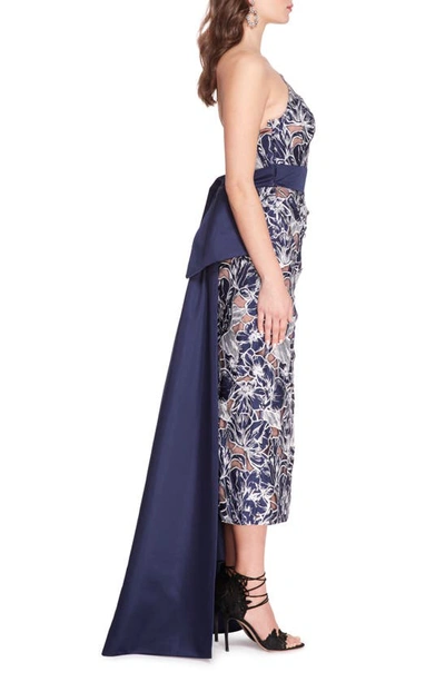 Shop Marchesa Notte Tulips & Anemones Floral Embroidered Strapless Dress In Navy