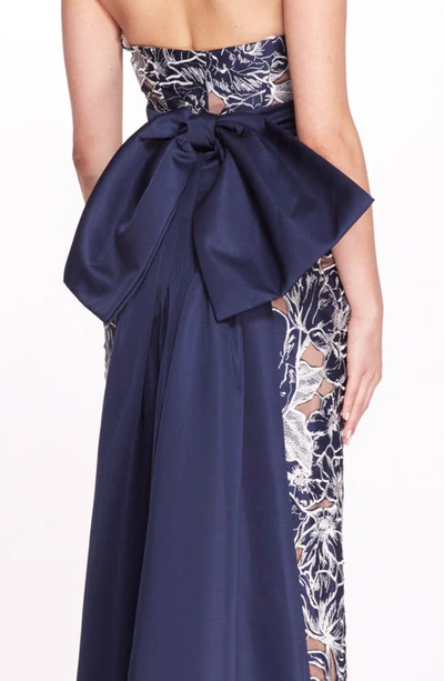 Shop Marchesa Notte Tulips & Anemones Floral Embroidered Strapless Dress In Navy