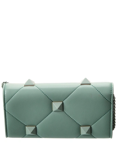 Shop Valentino Roman Stud Leather Wallet On Chain In Blue