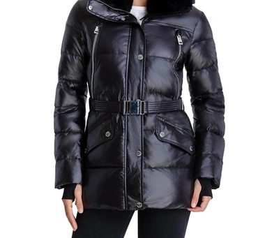 Shop Michael Kors Belted Faux Fur Collar Quilted Coat Jacket In Black