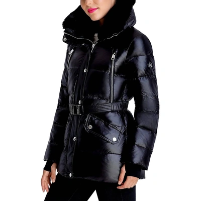 Shop Michael Kors Belted Faux Fur Collar Quilted Coat Jacket In Black