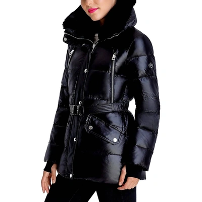 Michael Kors Belted Faux Fur Collar Quilted Coat Jacket In Black