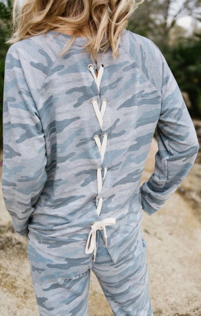 Elan Lace-up Back Sweatshirt In Blue Camo