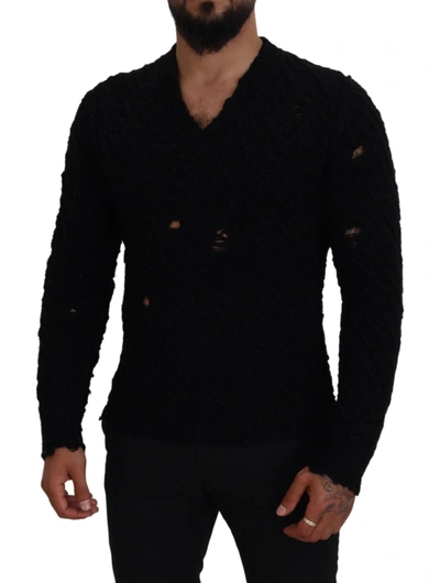 Shop Dolce & Gabbana Black Wool V-neck Knitted Pullover Men's Sweater