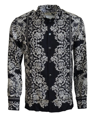 Shop Dolce & Gabbana Blue Silk Floral Baroque Satin Casual Men's Shirt