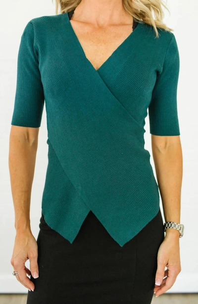 Shop Apricot Faux Wrap Knit Top In Emerald Green