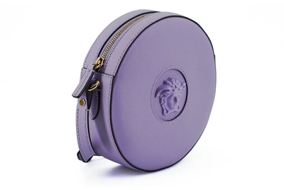 Shop Versace Calf Leather Round Disco Shoulder Women's Bag In Purple
