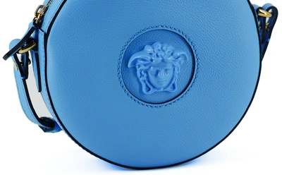 Shop Versace Calf Leather Round Disco Shoulder Women's Bag In Blue
