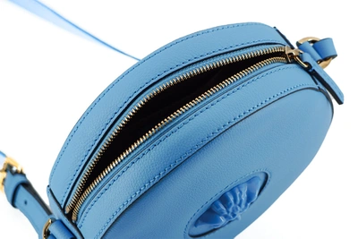 Shop Versace Calf Leather Round Disco Shoulder Women's Bag In Blue