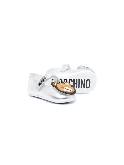 Shop Moschino Teddy Bear-patch Metallic Ballerina Shoes In Silver