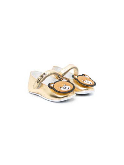 Shop Moschino Teddy Bear-patch Metallic Ballerina Shoes In Gold