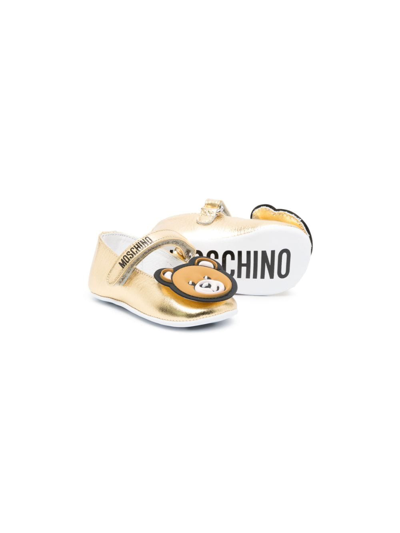 Shop Moschino Teddy Bear-patch Metallic Ballerina Shoes In Gold