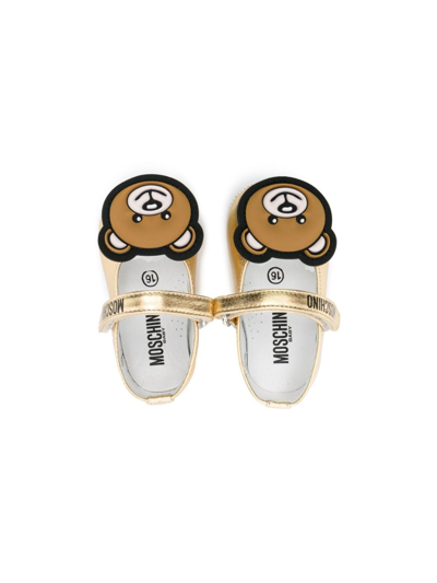 Shop Moschino Teddy Bear-patch Metallic Ballerina Shoes In Gold