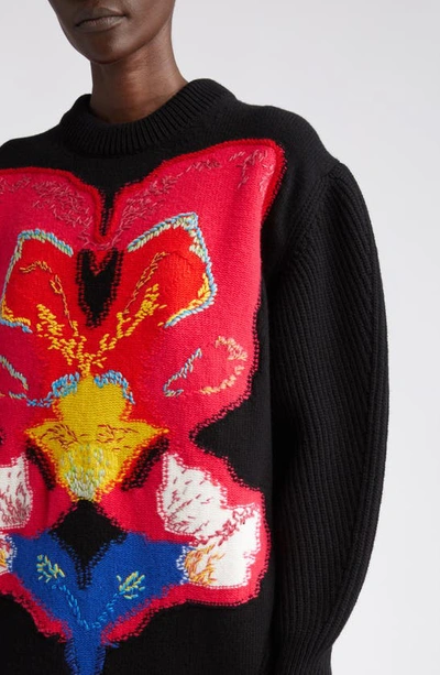 Shop Alexander Mcqueen Oversize Orchid Reverse Intarsia Wool Sweater In 1160 Black/ Red/ Yellow