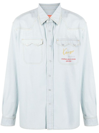 Shop Kenzo Denim Shirt With Embroidered Cowboy Logo In Blue