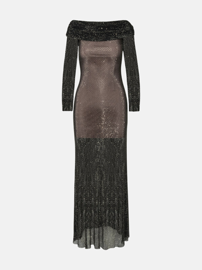 Shop Self-portrait Rhinestone Dress In Black Polyester