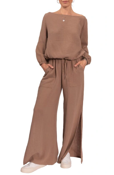 Shop Everyday Ritual Riley Cotton Gauze Split Hem Pants In Mushroom