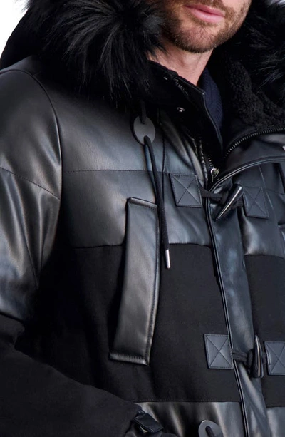 Shop Karl Lagerfeld Fabric Blocked Faux Fur Trim Down & Feather Wool Blend Coat In Black