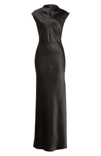 Shop Amsale High Cowl Neck Satin Gown In Black