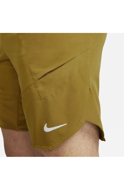Shop Nike Court Dri-fit Advantage Tennis Shorts In Bronzine/ Lime/ White
