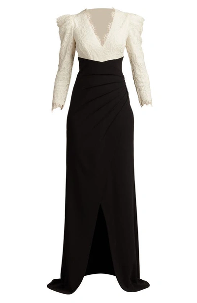Tadashi Shoji Scallop Lace V-neck Long-sleeve Crepe Gown In Ivory/ Black