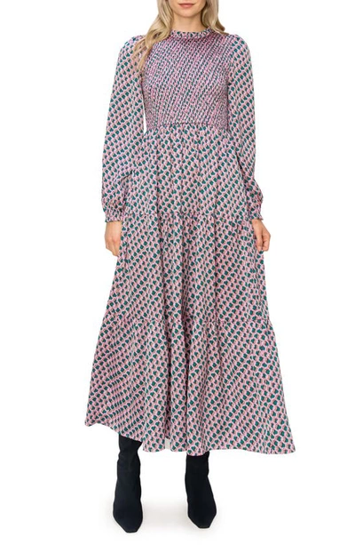 Shop Melloday Floral Long Sleeve Smocked Maxi Dress In Pink Multi