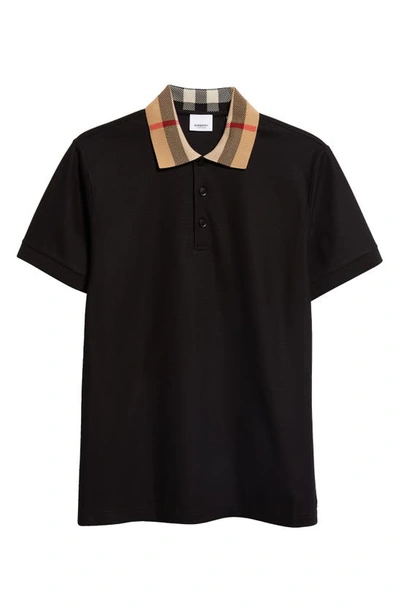 Burberry Check Collar Cotton Polo Shirt In Black