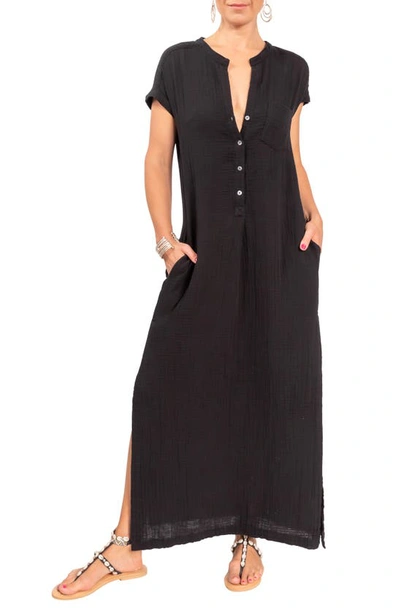 Shop Everyday Ritual Stacey Split Neck Cotton Caftan In Black