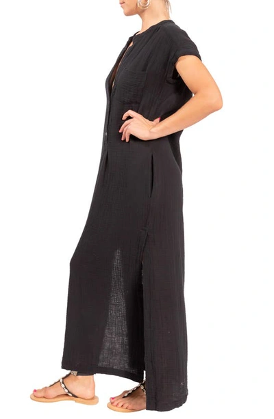 Shop Everyday Ritual Stacey Split Neck Cotton Caftan In Black