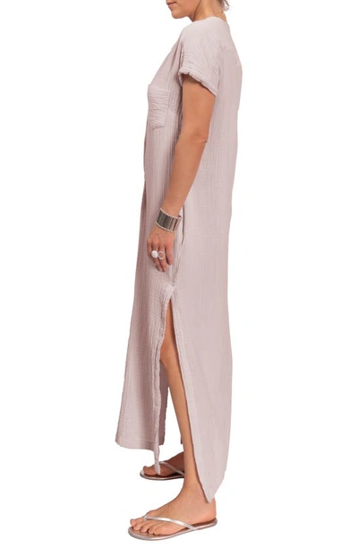 Everyday Ritual Stacey Split Neck Cotton Caftan In Light Grey
