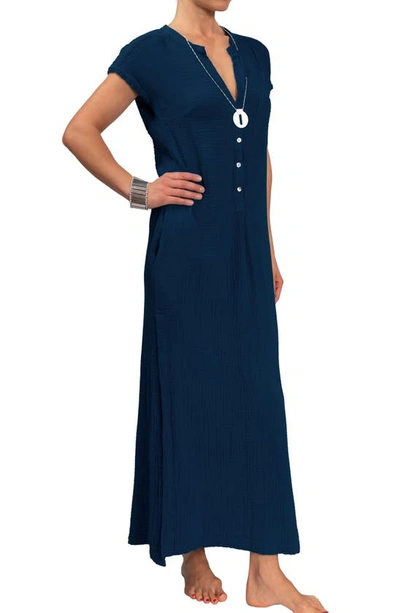Shop Everyday Ritual Stacey Split Neck Cotton Caftan In Navy