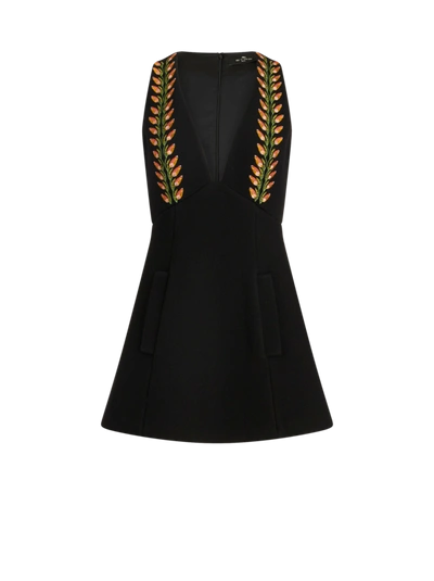 Shop Etro Mini Dress In Wool And Floral Embroidery In Black