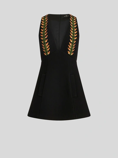 Shop Etro Mini Dress In Wool And Floral Embroidery In Black