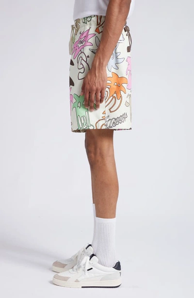 Shop Palm Angels Palmity Print Linen & Cotton Shorts In Butter Multi