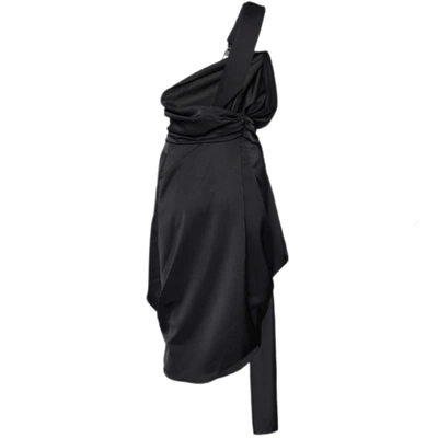 Pre-owned Attico Black Sateen Draped Clasp Detail One Shoulder Dress