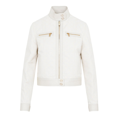 Shop Gucci Highneck Leather Jacket In Beige
