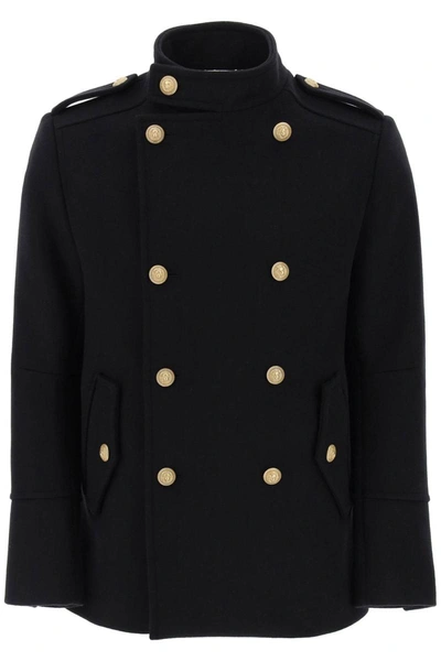 Shop Balmain Double-breasted Peacoat With Embossed Buttons In Blue