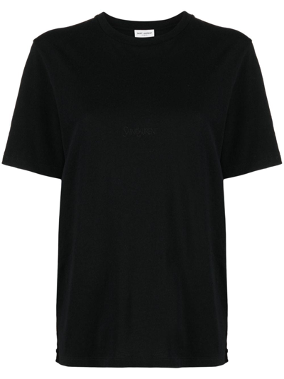 Shop Saint Laurent Logo-embroidered Cotton T-shirt In Schwarz