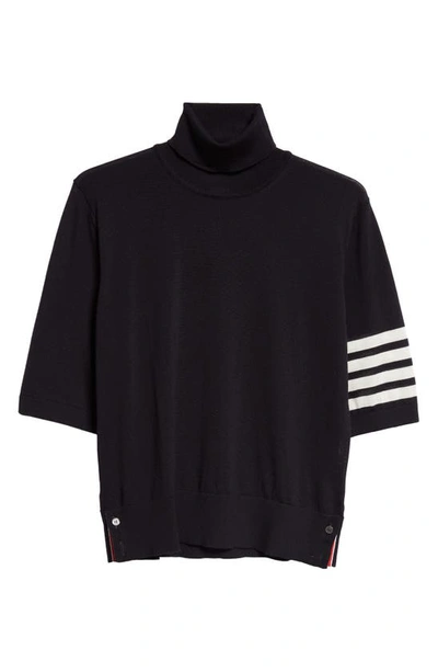 Shop Thom Browne 4-bar Short Sleeve Stretch Merino Wool Turtleneck Sweater In Navy