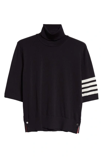 Thom Browne Black Short Sleeve Sweater With 4-bar Detail In Wool Woman In Navy