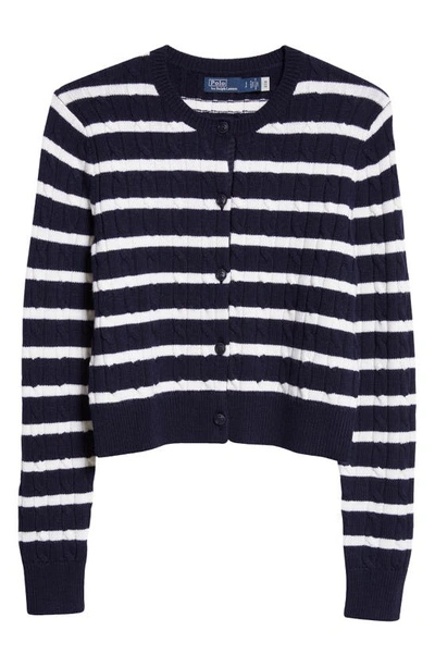 Shop Polo Ralph Lauren Stripe Merino Wool Blend Cardigan In Hunter Navy/ Cream