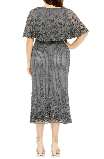 Fabulouss By Mac Duggal Beaded Popover Cocktail Midi Dress In Pewter
