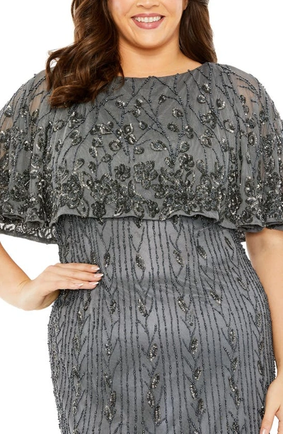 Fabulouss By Mac Duggal Beaded Popover Cocktail Midi Dress In Pewter