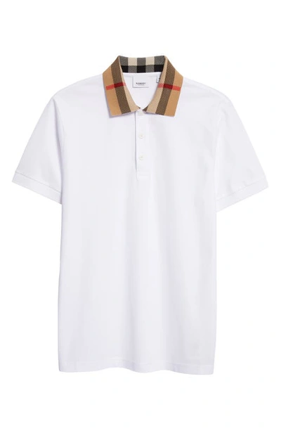Burberry Check-collar White Polo Shirt With Three-button Placket In White