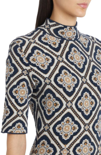 Shop Etro Metallic Floral Medallion Mock Neck Sweater Dress In 0250 - Azzurro